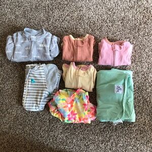 Swaddles, sleep sak, pjs, and bathing suit